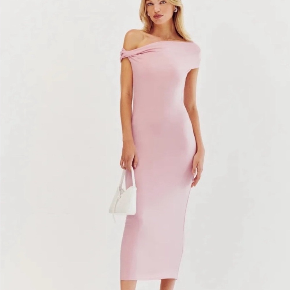 Reformation Light Pink Off-Shoulder Midi Dress